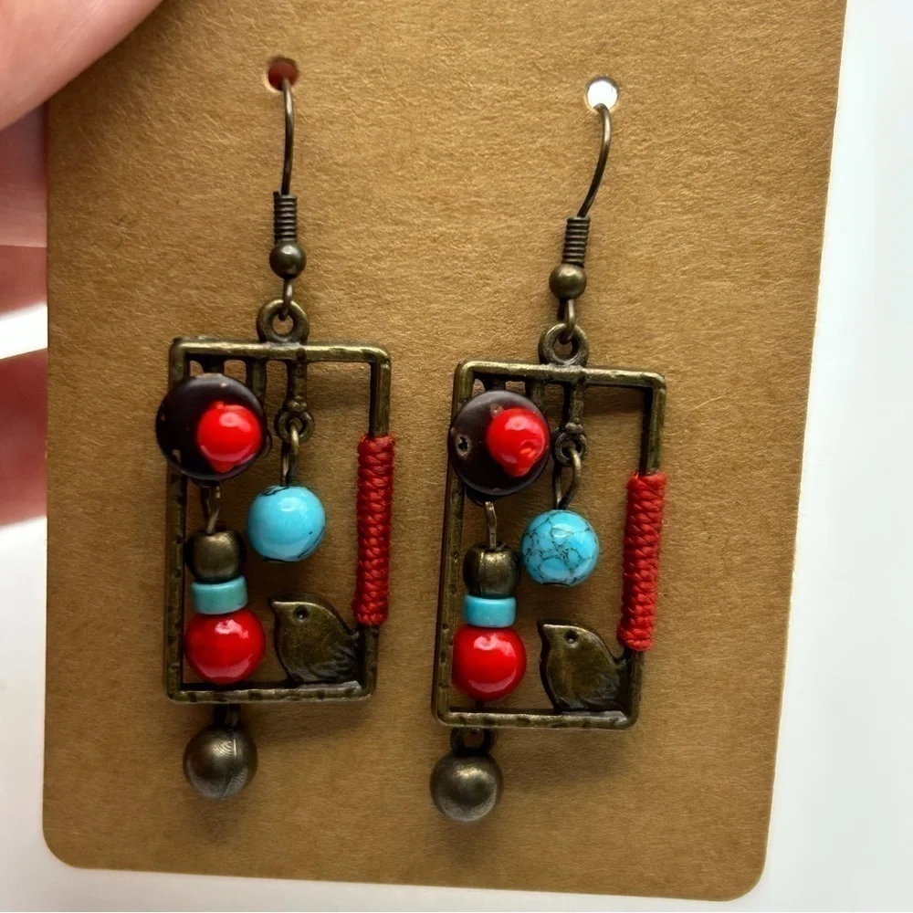 Brown Brass Colored Red & Blue Beaded Abstract Bird Box Drop Dangle Earrings